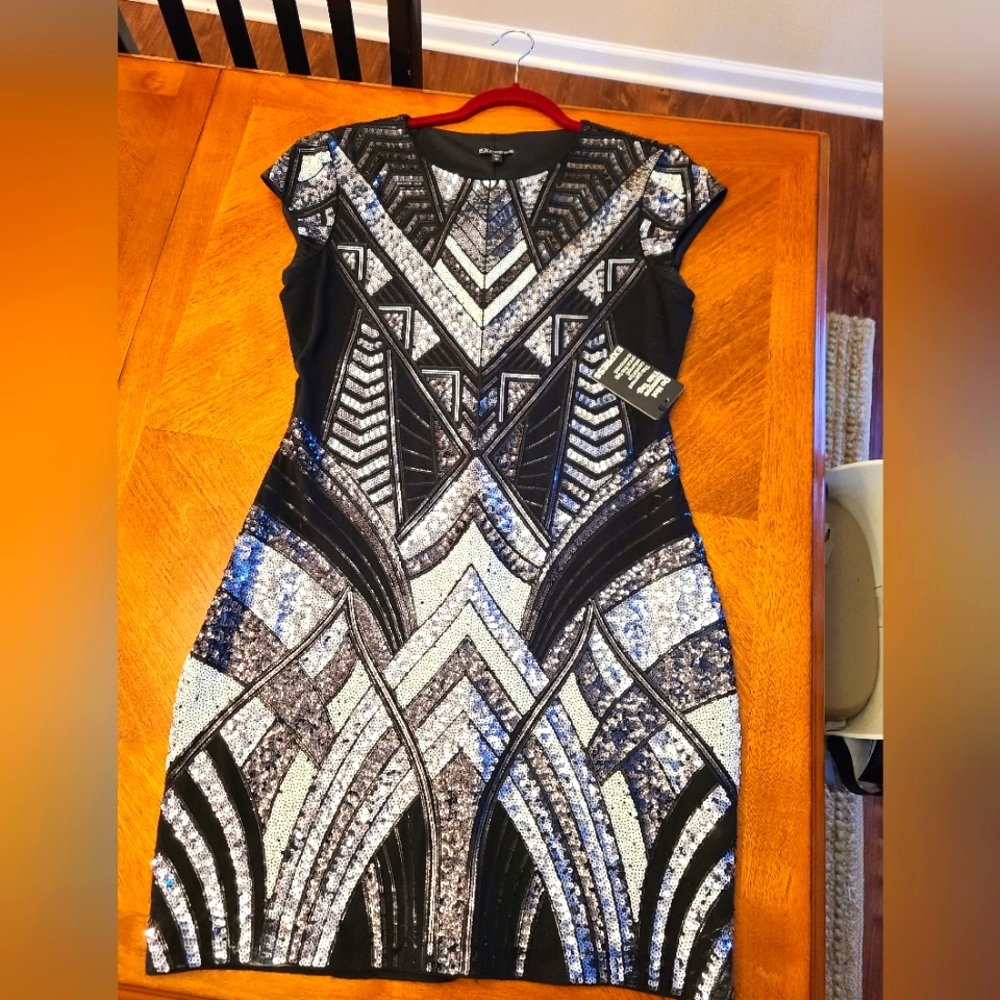 Express Bodycon Dress, Size Large, Black and Silver